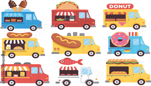 Street food truck vector set with ice cream taco hot dog donut burger and seafood vans for fast food business