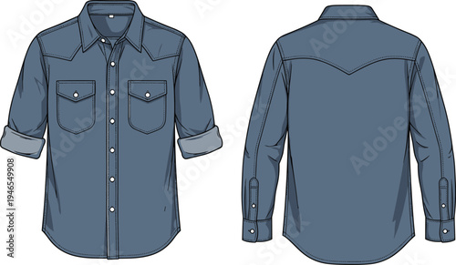 Men's western denim shirt front and back view, long sleeve button up apparel with chest pockets, clothing technical flat sketch vector