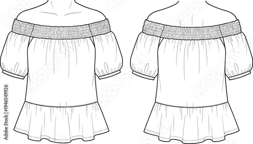 off, shoulder, blouse, technical, flat, sketch, front, back, view, short, sleeve, ruffle, women, apparel, garment, clothing, template, vector, illustration, fashion, design, outline