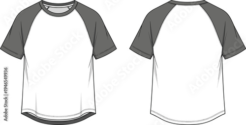 raglan, t-shirt, technical, flat, sketch, front, back, view, short, sleeve, baseball, style, casual, apparel, clothing, garment, template, vector, illustration, fashion, design, mockup