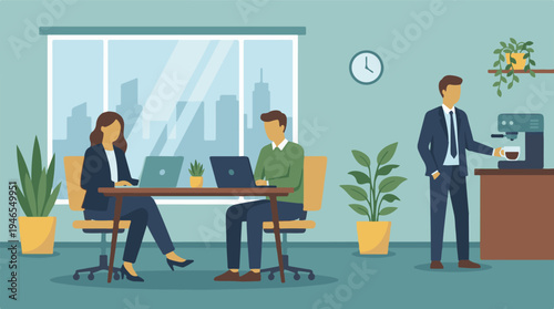 Diverse business people working in modern office and taking coffee break