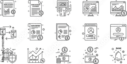 Online banking and financial management line icon set including ATM account statement bank report interest transaction and digital banking technology concept