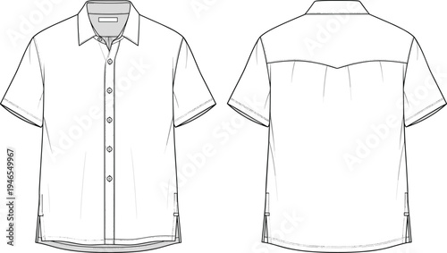 short, sleeve, shirt, technical, flat, sketch, front, back, view, button, collar, casual, men, apparel, clothing, garment, template, vector, illustration, fashion, design, mockup