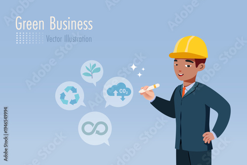 Businessman wearing helmet drawing icons of carbon reduction and sustainable strategies. Responsible business for renewable environment and ecology. green business and earth day concept, 