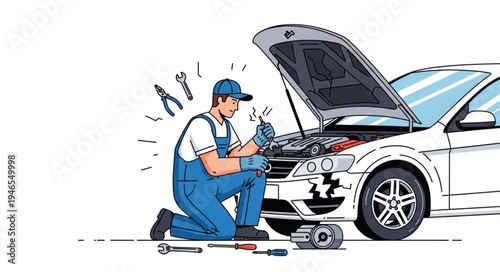 Mechanic Working on Car Engine.