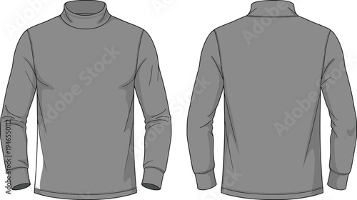 turtleneck, sweater, technical, flat, sketch, front, back, view, long, sleeve, casual, apparel, clothing, garment, template, vector, illustration, fashion, design, mockup, menswear, top