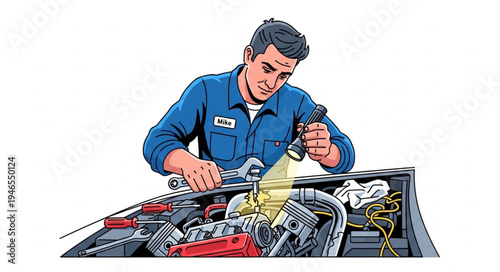 Mechanic working on car engine.