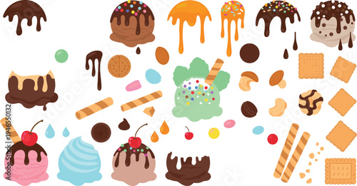 Ice cream toppings and dessert decoration elements set including chocolate drip sprinkles wafer biscuits nuts candy and sweet sundae ingredients collection