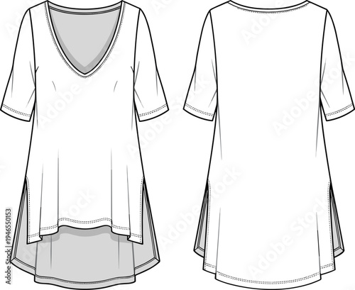 women, tunic, blouse, technical, flat, sketch, front, back, view, v, neck, short, sleeve, high, low, hem, apparel, garment, clothing, template, vector, illustration