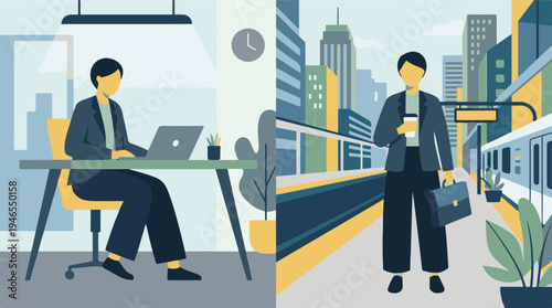 Daily routine: professional woman working in office and commuting