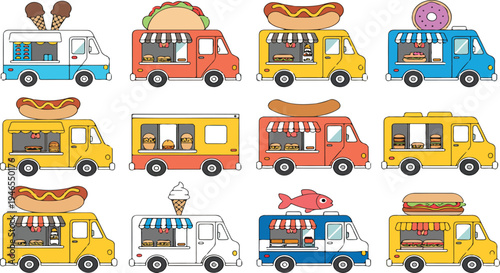 Street food truck vector set with ice cream taco hot dog donut burger and seafood vans for fast food business