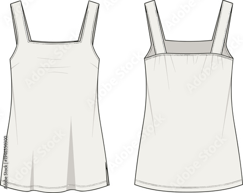 Women's square neck sleeveless tank top front and back view, casual apparel clothing technical flat sketch vector illustration template