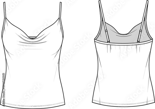 Women's spaghetti strap camisole top front and back view, draped neckline lingerie apparel technical drawing, clothing flat sketch vector template