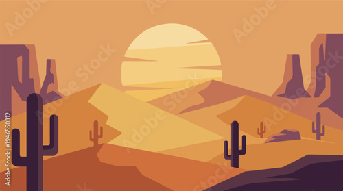Minimalist Desert Landscape with Cacti and Sun, Flat Design Vector
