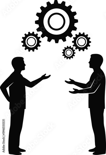 Two businessmen discussing gears and mechanics of their partnership