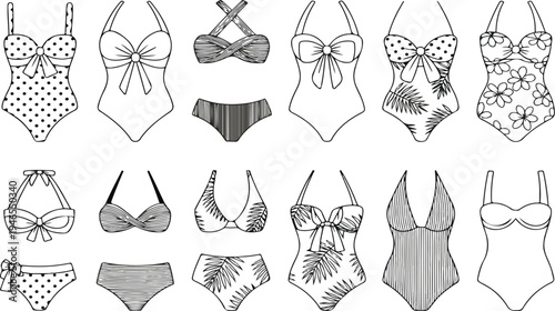 Black and white women swimwear illustration set featuring one piece and bikini designs with stylish patterns and fashion elements