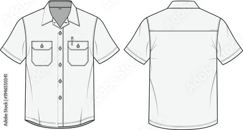 workwear, shirt, technical, flat, sketch, front, back, view, short, sleeve, pocket, button, collar, uniform, apparel, clothing, garment, template, vector, illustration, fashion, design