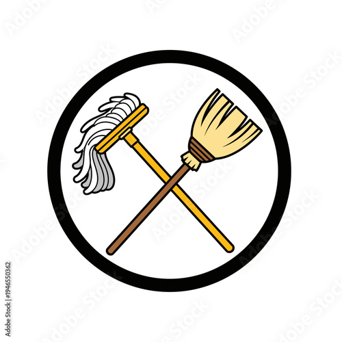 Cleaning tools crossed broom and mop.