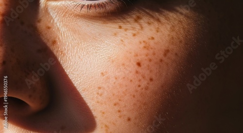 Close up of a young womans face with freckles illuminated by sunlight.