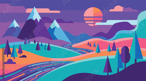 Colorful Minimalist Landscape with Mountains, River, Trees, and Sun