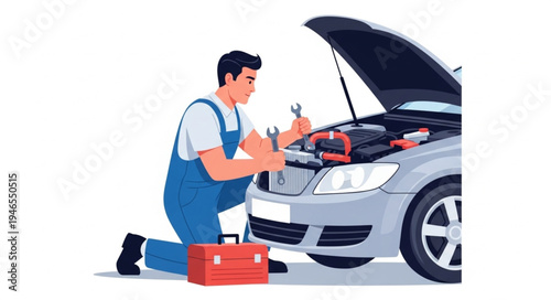 Mechanic Working on Car Engine.