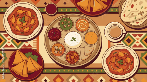 Traditional Indian Thali Meal with Assorted Dishes and Chai Tea Illustration