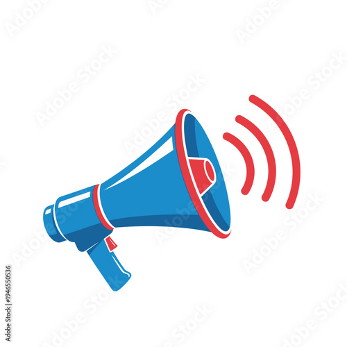 A blue megaphone with red accents.