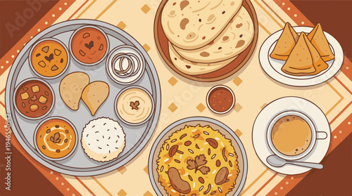 Indian Food Thali Assortment with Traditional Dishes and Chai Illustration