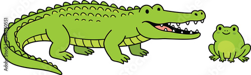 Cute cartoon crocodile and frog illustration, funny green reptile animal characters, wildlife kids friendly vector design