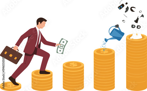 Business growth concept vector illustration with businessman climbing coin stacks and robot watering investment for finance success