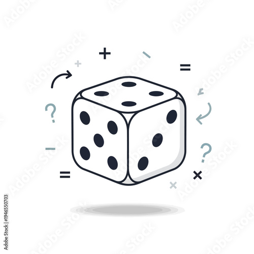 A single white dice surrounded by mathematical symbols.