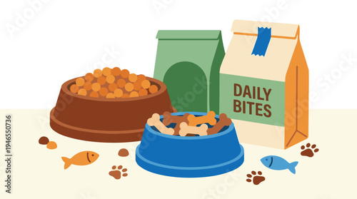 Colorful illustration of pet food, dry kibble, treats, bowls, and bags