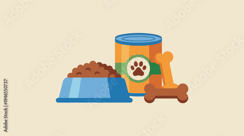 Dog food and treats illustration with kibble bowl, canned food, and bones