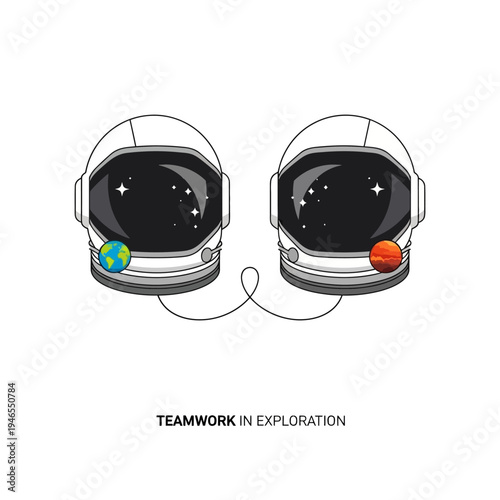Astronaut helmets with Earth and Mars planets teamwork exploration.