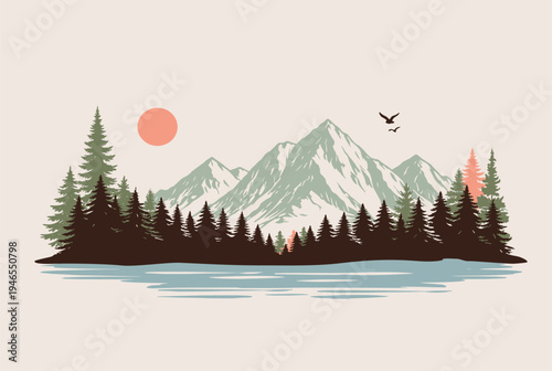 forest landscape with mountains vector silhouette. woodland landscape with mountains and lake vector silhouette. mountain landscape with fir trees and water vector