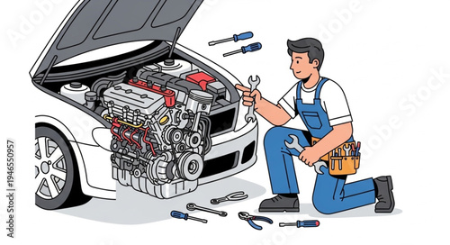 Mechanic Working on Car Engine.