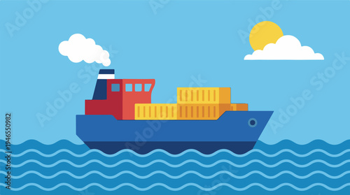 Flat design illustration of a cargo ship sailing on the sea with containers