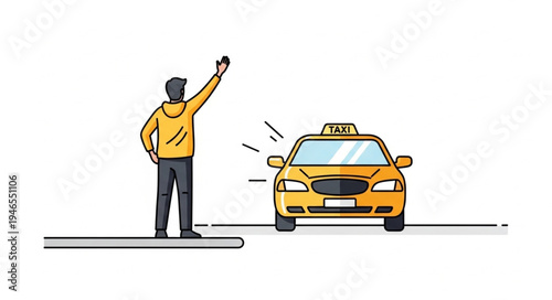 Man Hailing Yellow Taxi Cab.