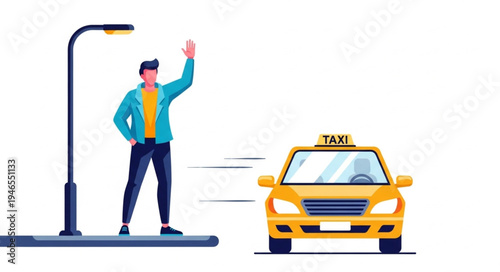 Man Hailing Yellow Taxi Cab.