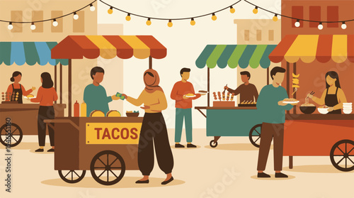 Diverse crowd at a vibrant street food market enjoying various dishes