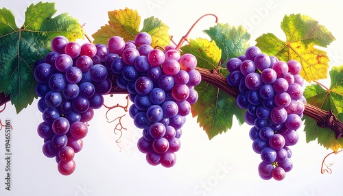 Lush Purple Grapes Hanging from Vine with Vibrant Green Leaves.