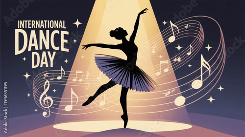 Ballet dancer celebrating international dance day with music notes and spotlight