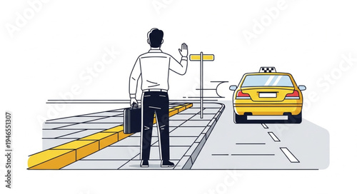 Man hailing yellow taxi cab.