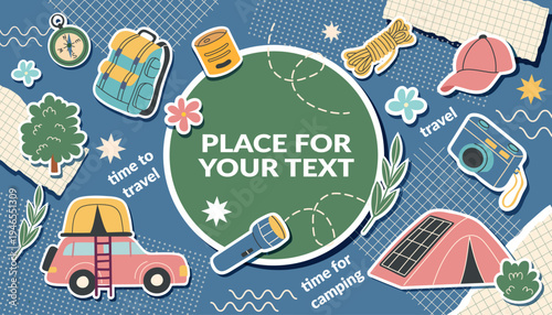Camping collage banner with travel objects in pop art style5. The concept of travel, camping, hiking and outdoor recreation. Vector flat template.