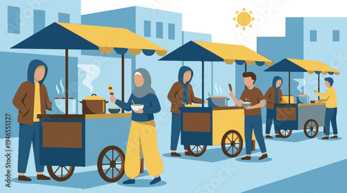 Diverse people enjoying hot food from street stalls at an outdoor market