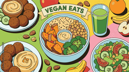 Healthy vegan food spread illustration with bowls, salad, and fresh produce