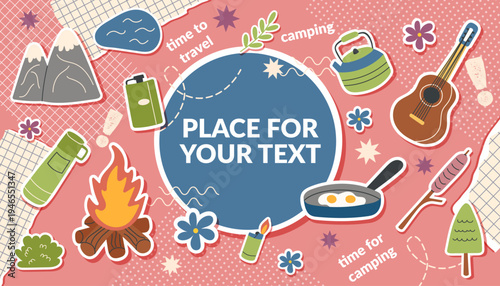 Camping collage banner with travel objects in pop art style4. The concept of travel, camping, hiking and outdoor recreation. Vector flat template.