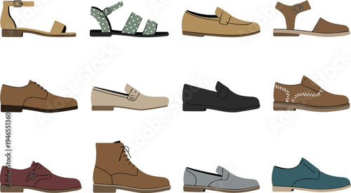 Men’s casual and formal shoes vector set with loafers boots sandals and oxfords isolated footwear collection for fashion design