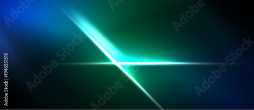 Abstract background features vibrant blue, green light streaks. Diagonal line creates dynamic visual effect. Dark areas contrast bright elements.