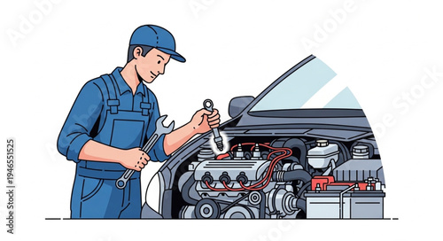 Mechanic Working on Car Engine.